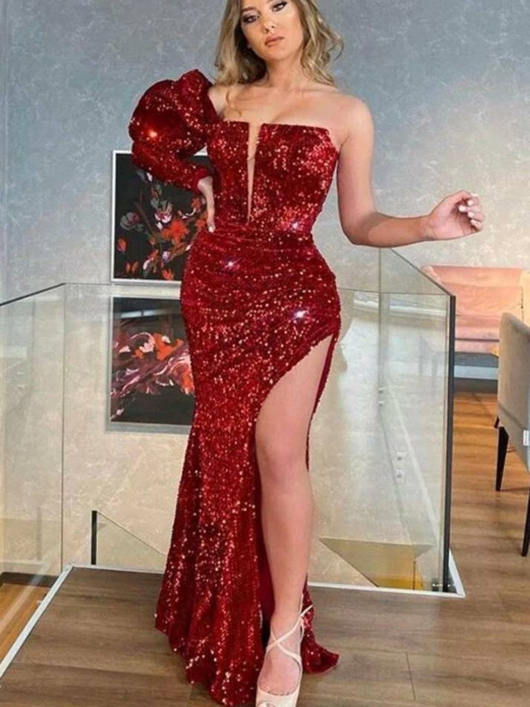 burgundy african dress Mermaid One Shoulder Prom Sequins Long Evening – SELINADRESS cat_shirts 35 Best Floral Bridesmaid Color:Dusty Purple Dare to stand out