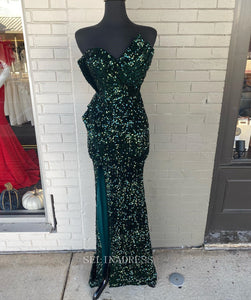 Mermaid One Shoulder Green Sequins Prom Dress Sparkly Long Formal Dresses KPY054|Selinadress
