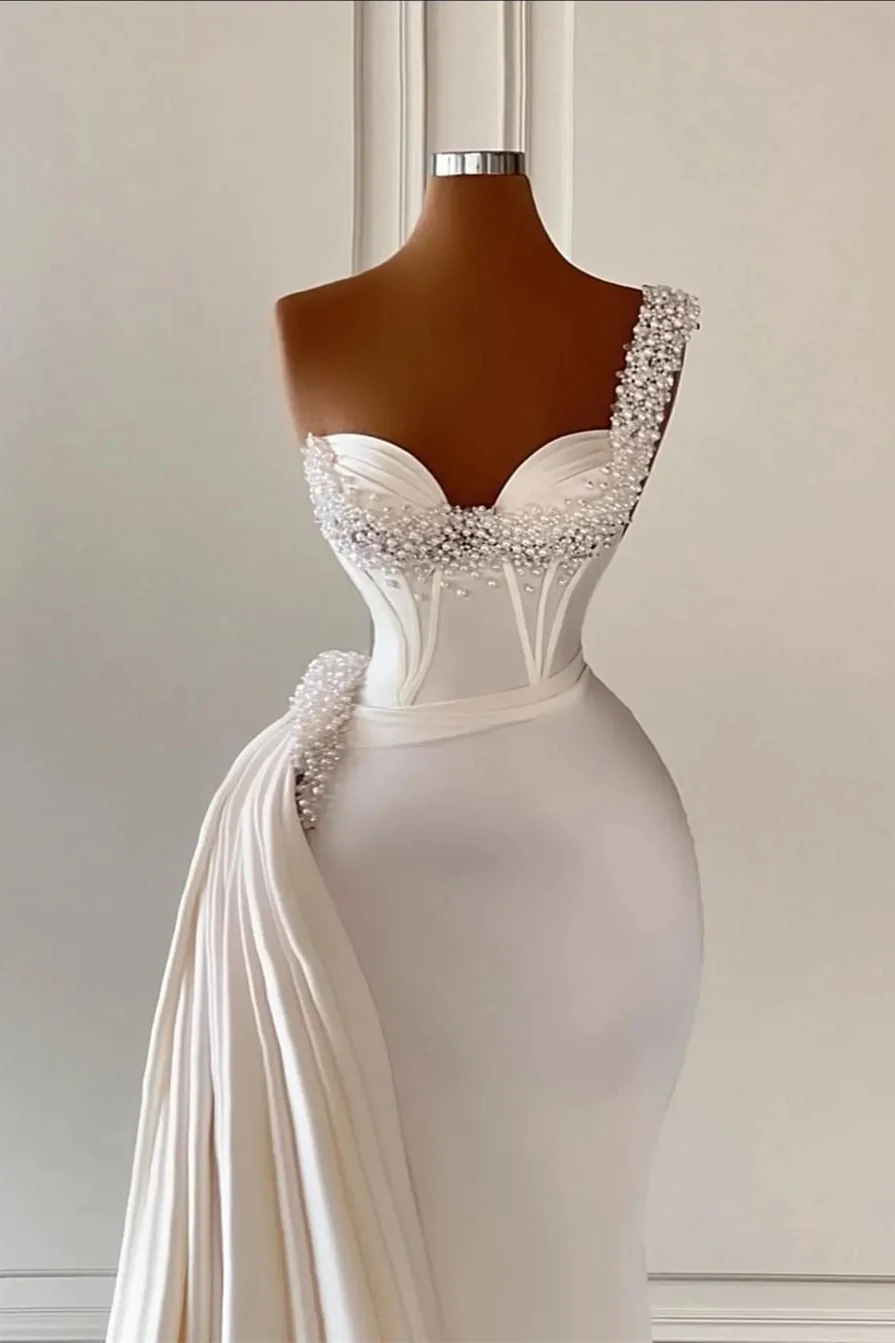 Mermaid One Shoulder Ivory African Prom Dress Beaded Ruffles Long Even SELINADRESS Mermaid One Shoulder Ivory African Prom Dress Beaded Ruffles Long Even SELINADRESS