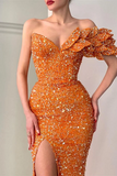 Mermaid One Shoulder Modest Prom Dress Orange Sequins Evening Gowns #POL039|Selinadress