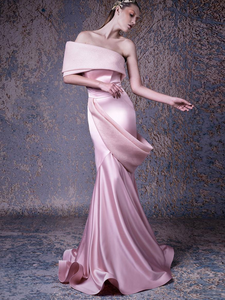 Mermaid One Shoulder Pink Prom Dress Satin Evening Gowns #POL057|Selinadress