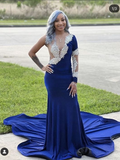 Mermaid One Shoulder Royal Blue African Prom Dress See Through Evening Gowns #POL037|Selinadress