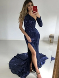 Mermaid One Shoulder Shiny Long Prom Dresses Sexy Thigh Split Evening Gowns CBD515|Selinadress