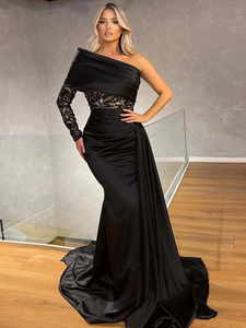 Mermaid One Shoulder Black Prom Dress African Beaded Long Evening Gowns Formal Dress #POL045|Selinadress