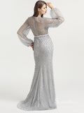 Mermaid Pearl Flared Sleeve Prom Dress Beaded Evening Formal Gown SC032