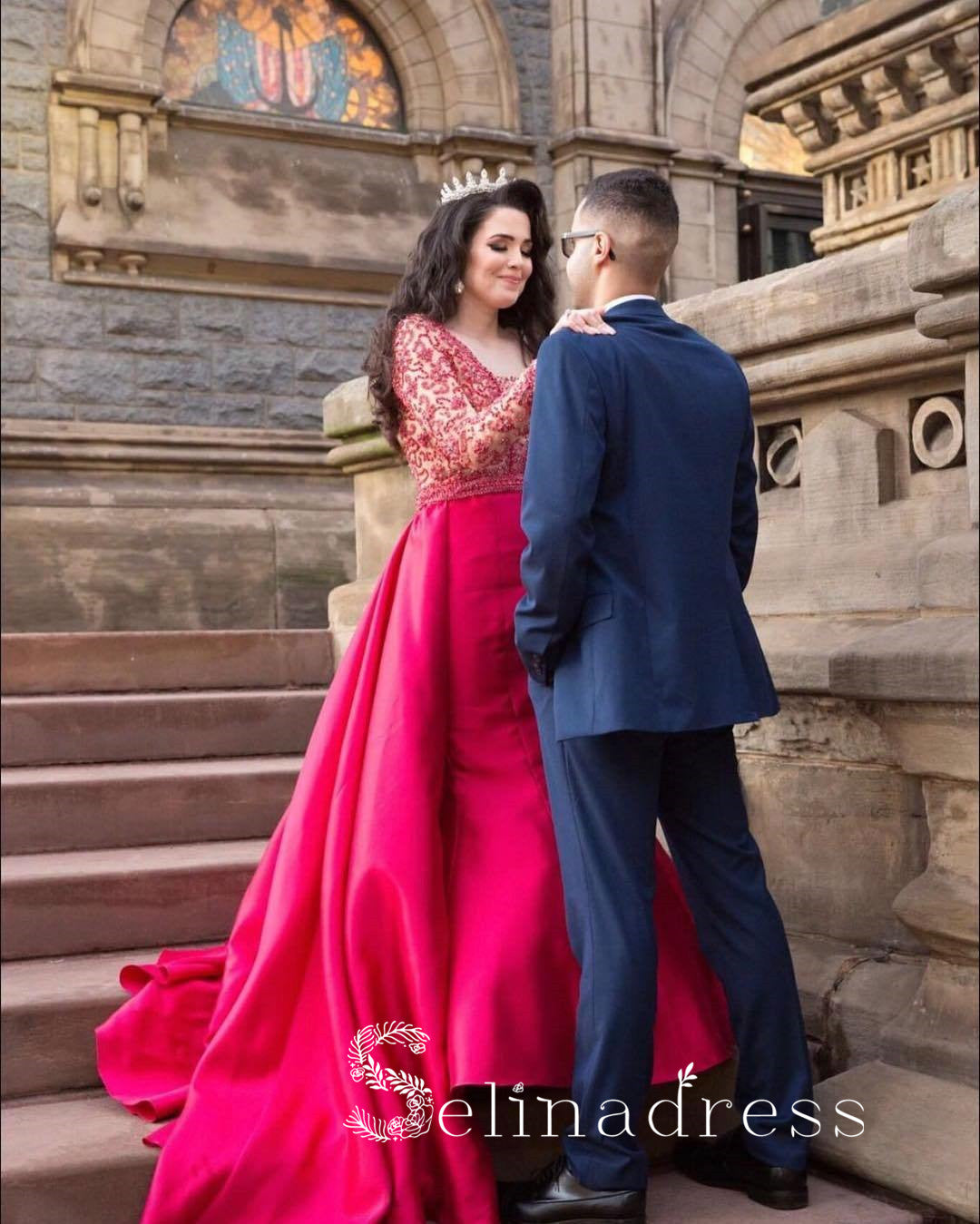 Mermaid Red Prom Dresses Long Sleeve Lace Wedding Bridal Dress Cheap E SELINADRESS Mermaid Red Prom Dresses Long Sleeve Lace Wedding Bridal Dress Cheap E SELINADRESS