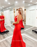 Mermaid Ruffles Red Prom Dress Cheap Satin Formal Dresses Evening Dress KPY006|Selinadress