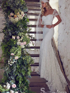 Mermaid Rustic Wedding Dress Short Sleeve Lace Wedding Dress SEW017