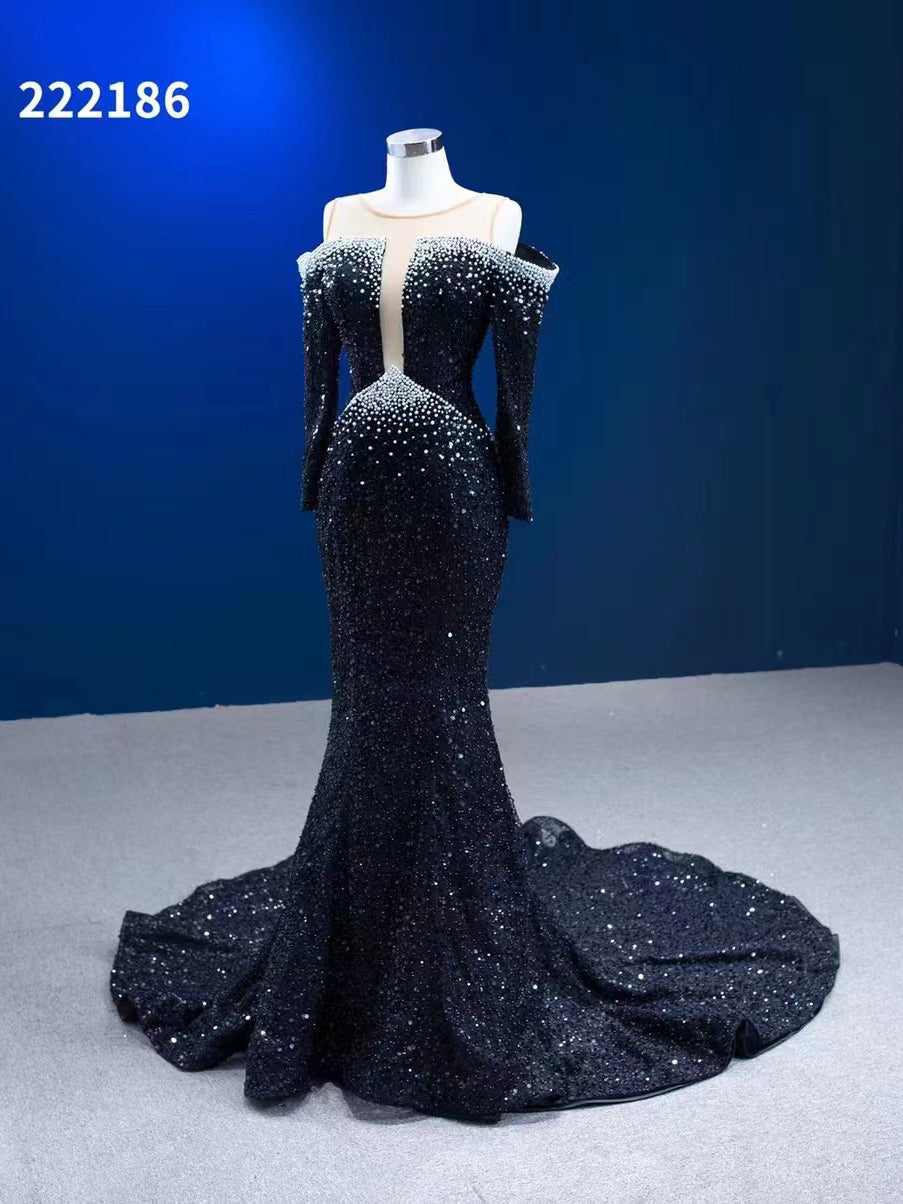Mermaid Scoop Black Prom Dress Long Sleeve Beaded Pageant Dress 22186 SELINADRESS Mermaid Scoop Black Prom Dress Long Sleeve Beaded Pageant Dress 22186 SELINADRESS