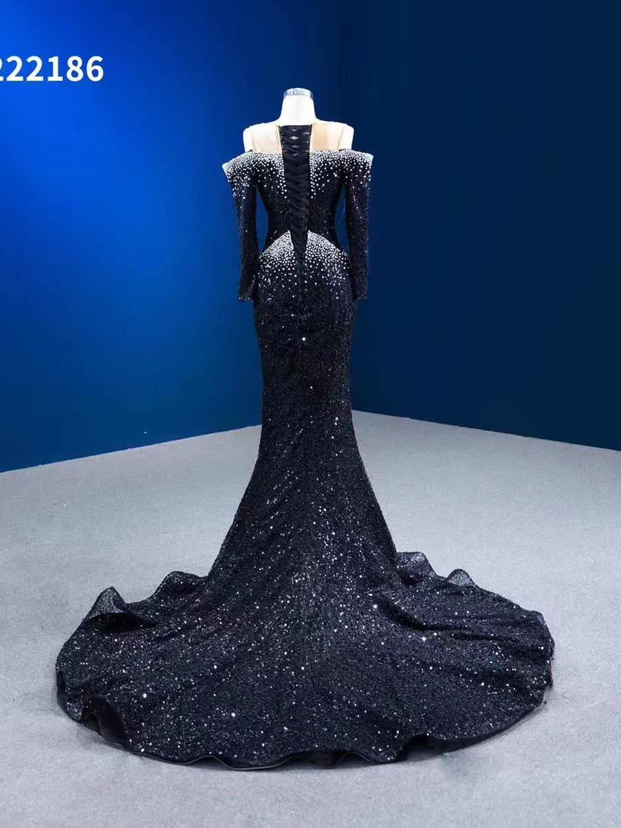 Mermaid Scoop Black Prom Dress Long Sleeve Beaded Pageant Dress 22186 SELINADRESS Mermaid Scoop Black Prom Dress Long Sleeve Beaded Pageant Dress 22186 SELINADRESS