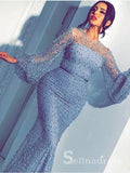 Mermaid Scoop Long Prom Dress With Sleeve Beaded Blue Long Formal Gowns Evening Dress SED105