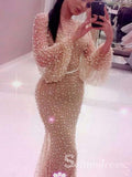 Mermaid Scoop Long Prom Dress With Sleeve Beaded Champagne Formal Gowns Evening Dress SED105B