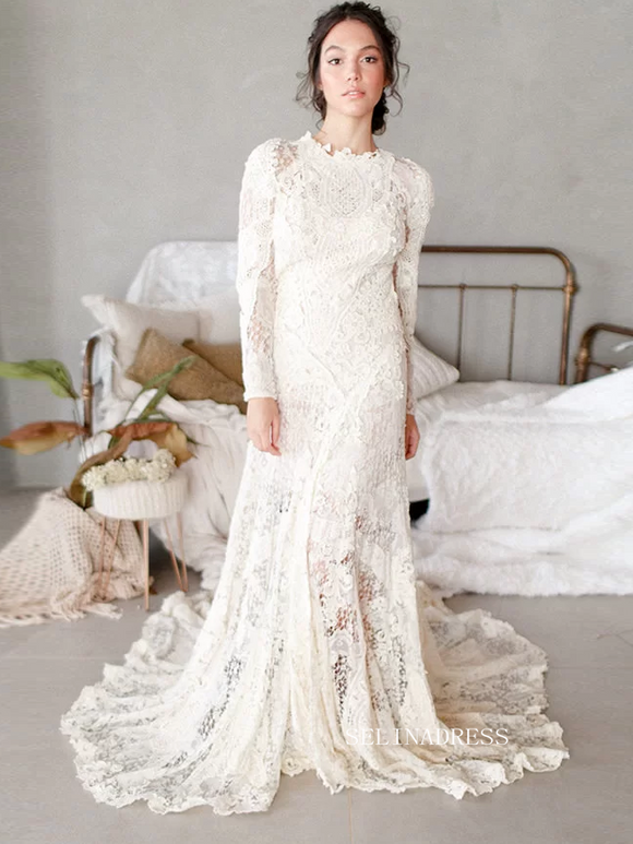 Mermaid Scoop Long Sleeve Ivory Lace Wedding Dress Rustic Boho Bride Gowns JKP009|Selinadress