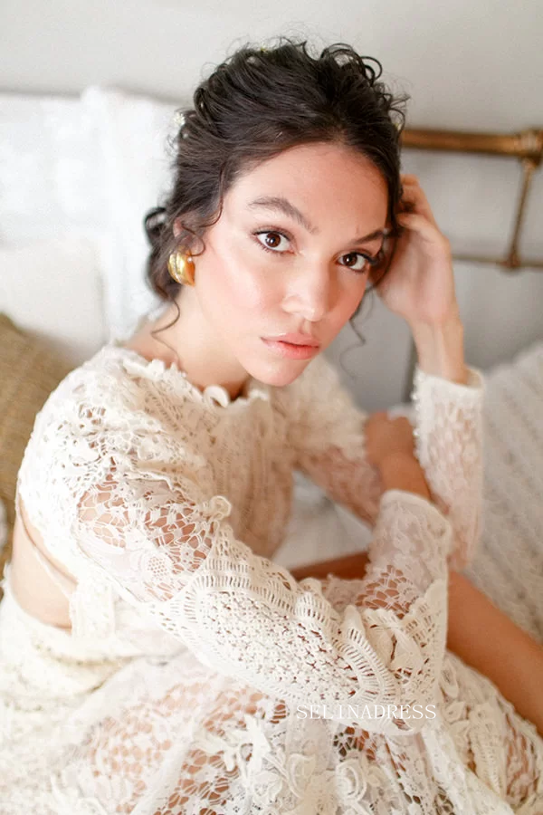 Mermaid Scoop Long Sleeve Ivory Lace Wedding Dress Rustic Boho Bride G SELINADRESS Mermaid Scoop Long Sleeve Ivory Lace Wedding Dress Rustic Boho Bride G SELINADRESS