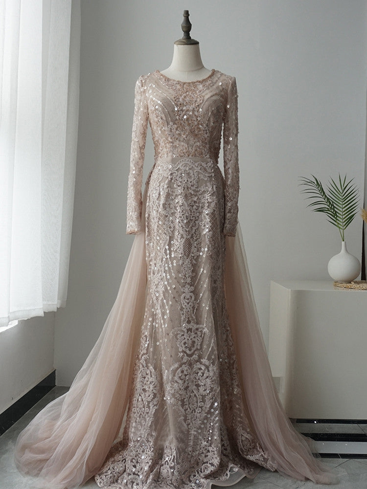 Mermaid Scoop Neck Luxury Long Sleeve Prom Dress Lace Beaded Evening Gowns GKF003|Selinadress
