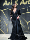 Mermaid Scoop See Through Black Long Sleeve Prom Dress Beaded Satin Evening Dresses HLK029|Selinadress