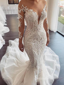 Mermaid Scoop See Through Wedding Dresses With Long Sleeve Bridal Gowns CBD393|Selinadress
