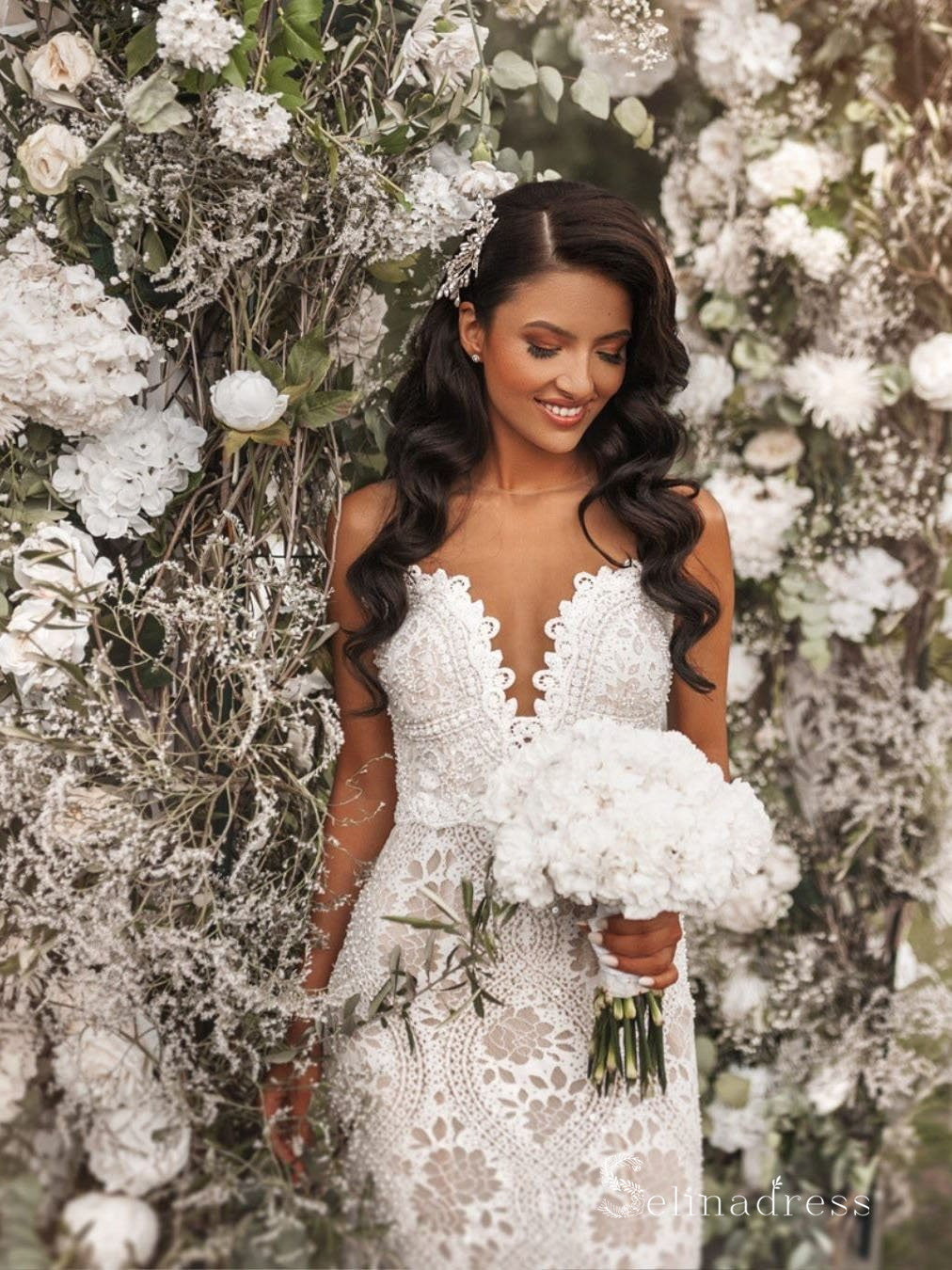 see through boho dress Stunning Flower Lace See-through V Neck Boho Wedding Dresses, MW1094