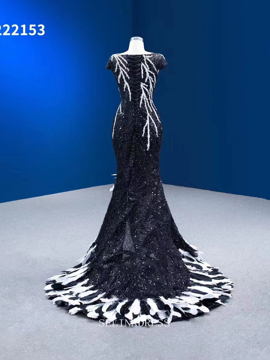 Mermaid Short Sleeve Black Prom Dress Feather Sequins Pageant Dress RS SELINADRESS Mermaid Short Sleeve Black Prom Dress Feather Sequins Pageant Dress RS SELINADRESS