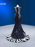 Mermaid Short Sleeve Black Prom Dress Feather Sequins Pageant Dress RSM222153|Selinadress