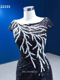 Mermaid Short Sleeve Black Prom Dress Feather Sequins Pageant Dress RSM222153|Selinadress