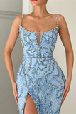 Mermaid Spaghetti Straps African Prom Dress Light Sky Blue Beaded Evening Gowns #POL029