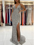 Mermaid Spaghetti Straps African Prom Dress Silver Sequins Evening Gowns #POL043
