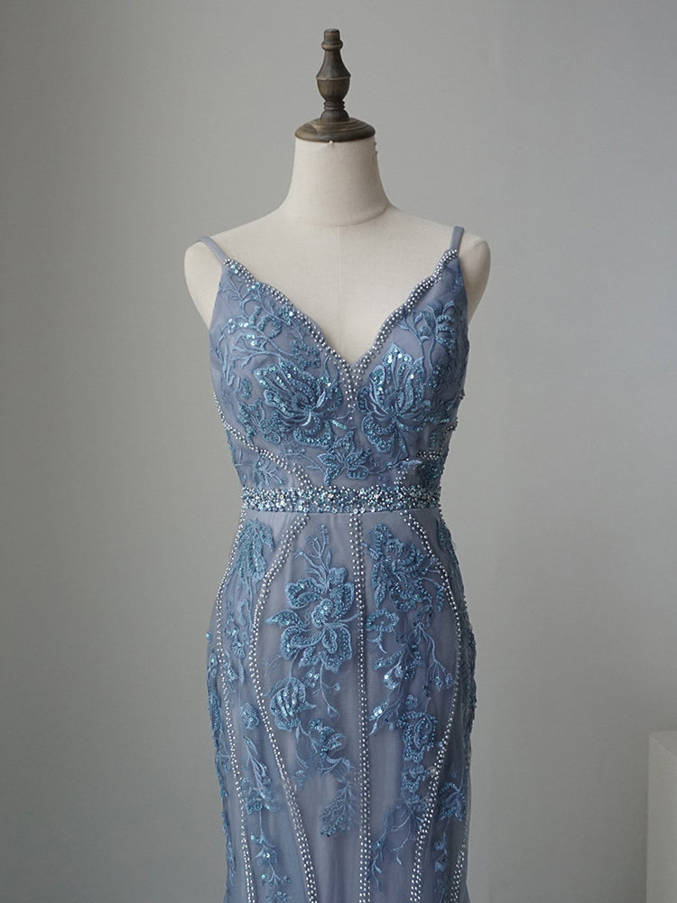 Mermaid Spaghetti Straps Backless Blue Prom Dress Beaded Long Evening SELINADRESS Mermaid Spaghetti Straps Backless Blue Prom Dress Beaded Long Evening SELINADRESS