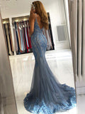 Mermaid Spaghetti Straps Backless Blue Prom Dress Beaded Long Evening Dresses GKF007|Selinadress