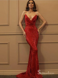 Mermaid Spaghetti Straps Burgundy Long Prom Dresses Sparkly Formal Gowns CBD538