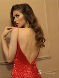 Mermaid Spaghetti Straps Burgundy Long Prom Dresses Sparkly Formal Gowns CBD538