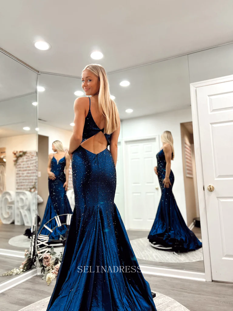 Mermaid Spaghetti Straps Dark Navy Long Prom Dress Sparkly Beaded Form SELINADRESS Mermaid Spaghetti Straps Dark Navy Long Prom Dress Sparkly Beaded Form SELINADRESS