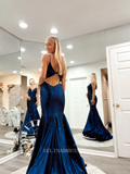 Mermaid Spaghetti Straps Dark Navy Long Prom Dress Sparkly Beaded Formal Dresses Evening Dress KPY028|Selinadress
