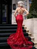 Mermaid Spaghetti Straps Embroidery Sexy Long Prom Dresses Formal Gowns SDL019