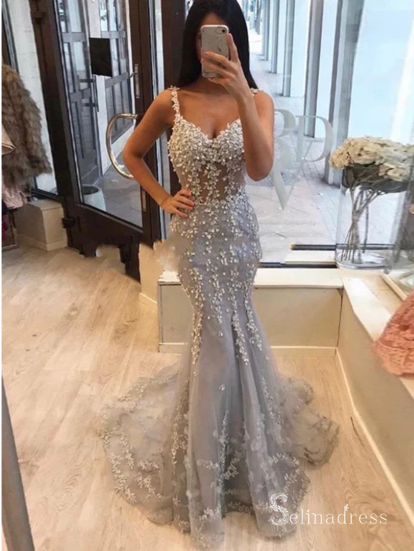 Mermaid Spaghetti Straps Floral Lace Long Prom Dresses Evening Dress CBD532|Selinadress