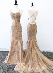 Mermaid Spaghetti Straps Lace Long Prom Dress Appliqued Backless Evening Dress SED139
