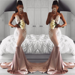 Mermaid Spaghetti Straps Lace Long Prom Dress Sexy Pink Evening Dress CBD462