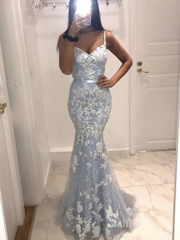 Mermaid Spaghetti Straps Lace Long Prom Dresses Sky Blue Evening Gowns MHL2872|Selinadress