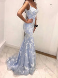 Mermaid Spaghetti Straps Lace Long Prom Dresses Sky Blue Evening Gowns MHL2872|Selinadress