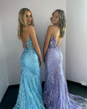 Mermaid Spaghetti Straps Lilac Prom Dress Sequins Long Evening Gowns #POL134