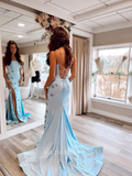 Mermaid Spaghetti Straps Long Prom Dress Light Sky Blue Beaed Formal Dresses Evening Dress KPY043|Selinadress
