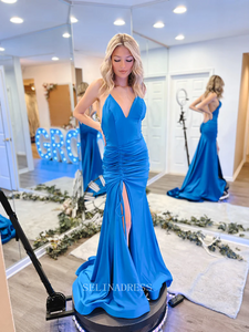 Mermaid Spaghetti Straps long Prom Dress RufflesBeaded Cheap Formal Dresses KPY037|Selinadress
