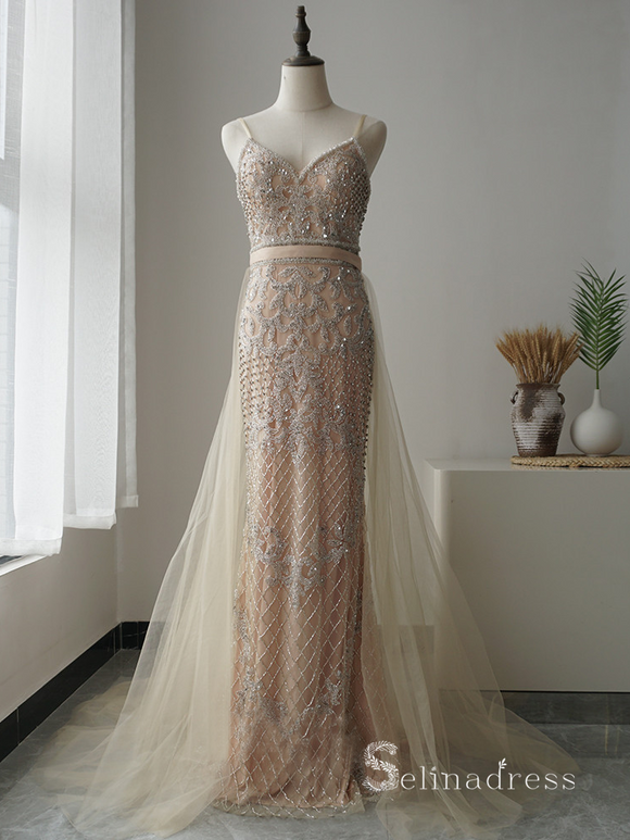 Mermaid Spaghetti Straps Luxury Beaded Long Prom Dress Evening Gowns ASB017|Selinadress