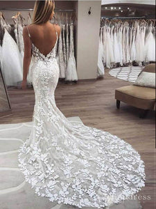 Mermaid Spaghetti Straps Open Backless Wedding Dress Lace Bridal Dress MHL1693|Selinadress
