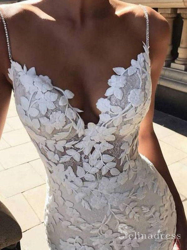 Mermaid Spaghetti Straps Open Backless Wedding Dress Lace Bridal Dress – SELINADRESS Mermaid Spaghetti Straps Open Backless Wedding Dress Lace Bridal Dress – SELINADRESS