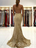 Mermaid Spaghetti Straps Prom Dresses Gold Long Prom Dress Lace Evening Dress CBD234|Selinadress