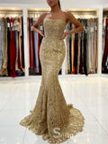 Mermaid Spaghetti Straps Prom Dresses Gold Long Prom Dress Lace Evening Dress CBD234|Selinadress