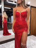 Mermaid Spaghetti Straps Red Long Prom Dresses Thigh Split Beaded Evening Dresses MLK044|Selinadress
