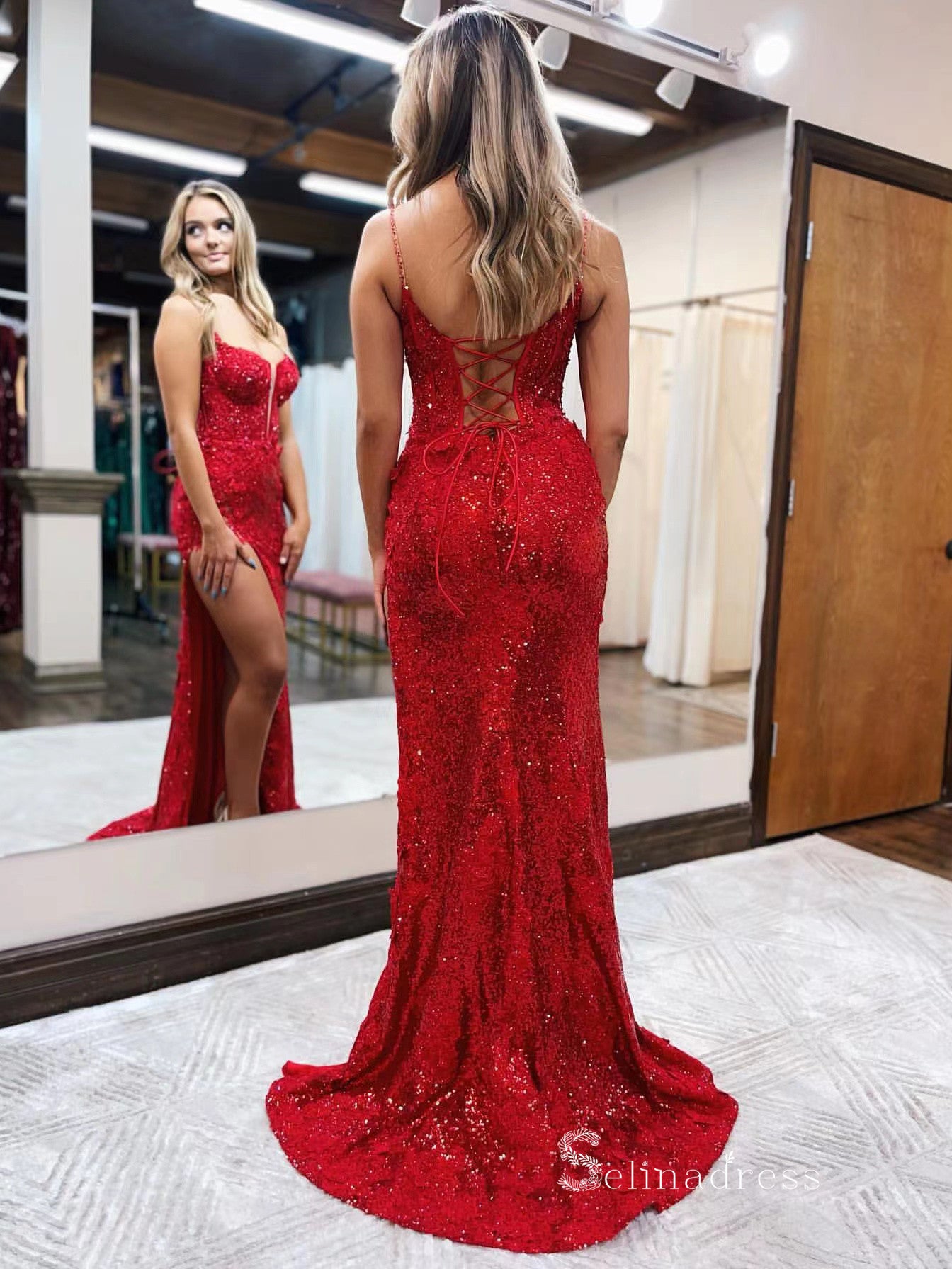 Mermaid Spaghetti Straps Red Long Prom Dresses Thigh Split Beaded Even SELINADRESS Mermaid Spaghetti Straps Red Long Prom Dresses Thigh Split Beaded Even SELINADRESS