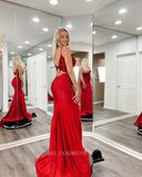Mermaid Spaghetti Straps Red Prom Dress Beaded Red Formal Dresses Evening Dress KPY005|Selinadress